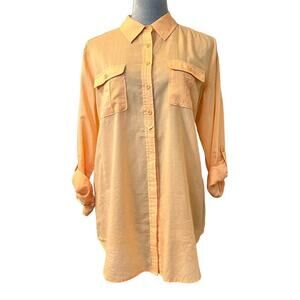 Chico's Women’s Shirt Top Blouse Sz 1 Orange LS Button Up Pockets Sheer Roll Tab
